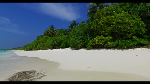 Aerial drone view scenery of paradise island beach adventure by blue sea and white sandy background 