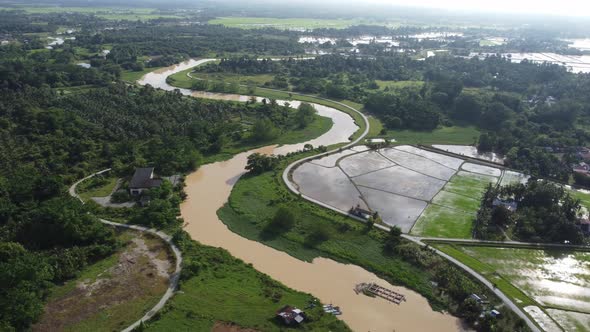 Aerial view curve river at rural plantation paddy