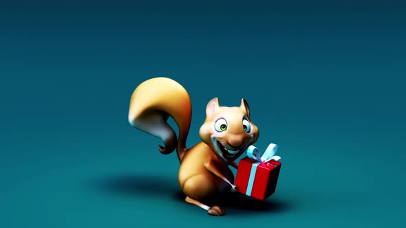 4K fun 3D cartoon squirrel with a gift