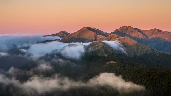 Evening Colors Misty Muntains in New Zealand Nature