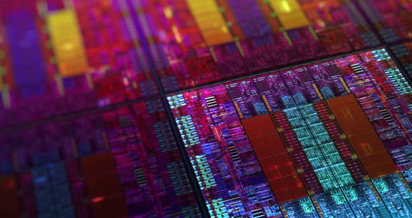 Futuristic microchip processors on wafer with data neon lights. 