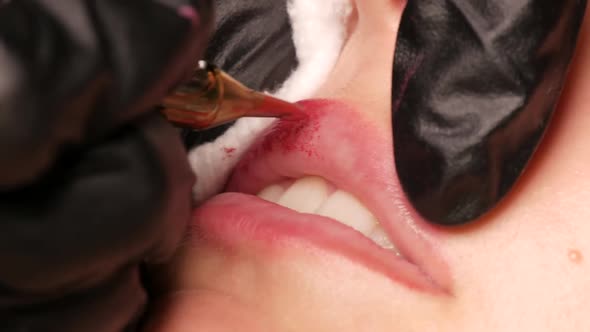 Microblading Lip Tattoo with Special Coloring Red Pigment That Corrects Lip Color in Cosmetology