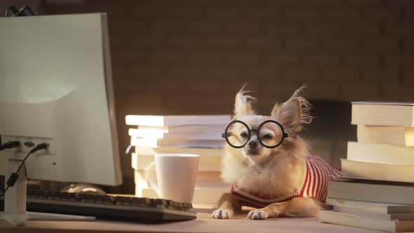 Nerd Chihuahua senior dog wear glasses working hard with laptop