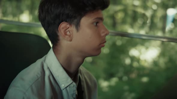 Indian Boy Sitting School Bus Alone Close Up