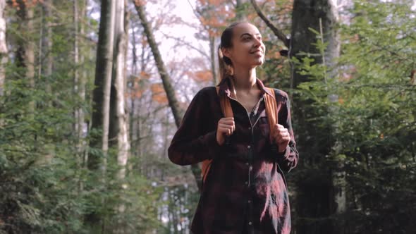 Woman Hiker Walking on the Trail in Pine Woods