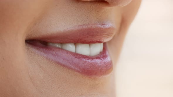 Lady Smiling Showing Perfect White Teeth Beige Background Closeup