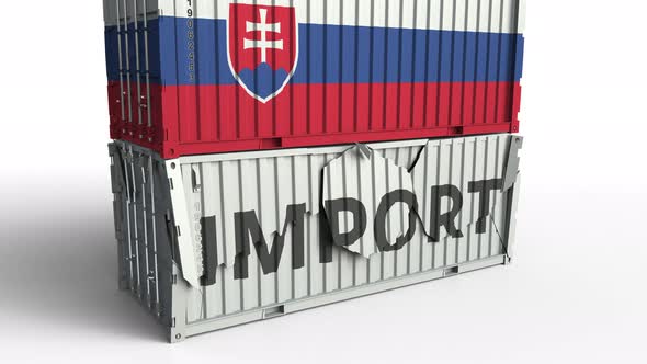 Container with Flag of Slovakia Breaks Container with IMPORT Text alt