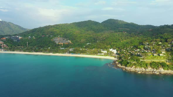 Aerial panorama of tropical resort territory and beach, beautiful Andaman sea at west coast of Phuke