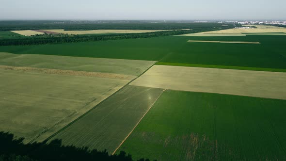 Aerial Drone View Flight Over Different Agricultural Fields Sown