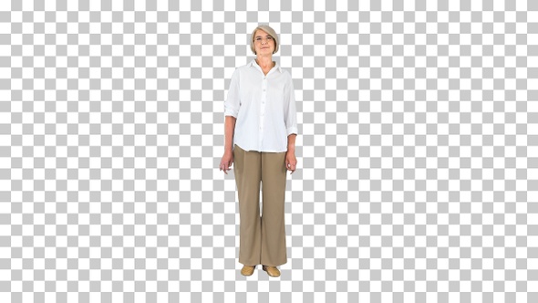 Aged Woman in White Shirt Standing Doing Nothing, Alpha Channel