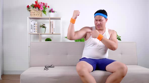 Fat Asian influencer guy coaching to exercise workout to people on internet
