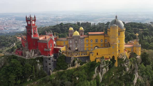 Aerial view of Pena Palace, a castle in Sintra, Lisbon, Portugal.