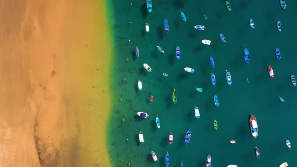 Aerial View of the Golden Sand of the Beach Las Teresitas and Colorful Boats Moored Alongside