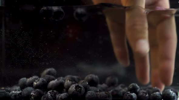 A Hand Delicately Grabbing Several Blueberries Drown in Water