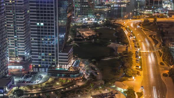 Jumeirah Lake Towers Residential District Aerial Night Timelapse Near Dubai Marina
