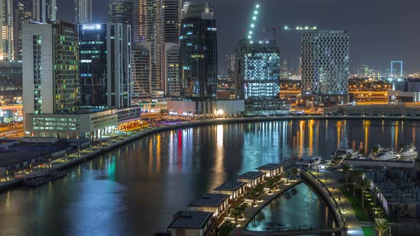 Night City Dubai Near Canal Aerial Timelapse