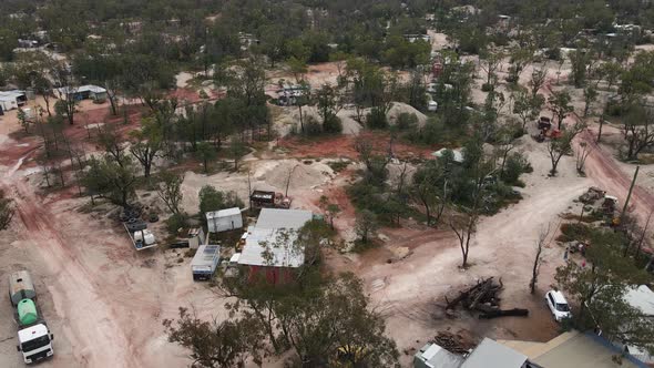 A high view showing the mining sites plotted around the small opal mining town of Lightning Ridge