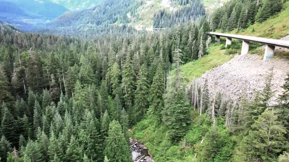 Westbound Interstate 90 Snoqualmie Pass running parallel to Franklin Creek, aerial