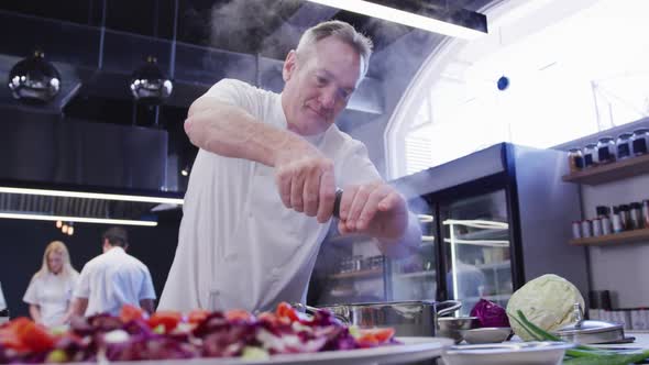 Professional Caucasian male chef wearing chefs whites in a restaurant kitchen, seasoning food