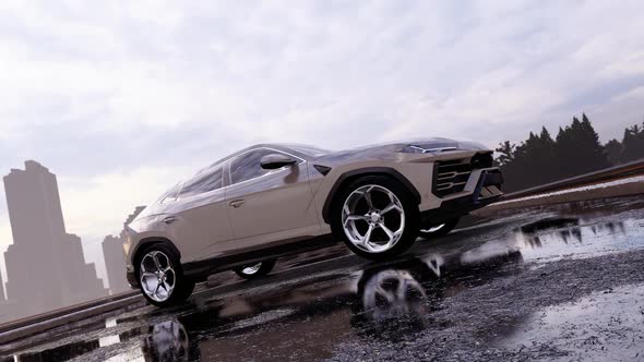 White SUV Off-Road Vehicle in Rainfall Street