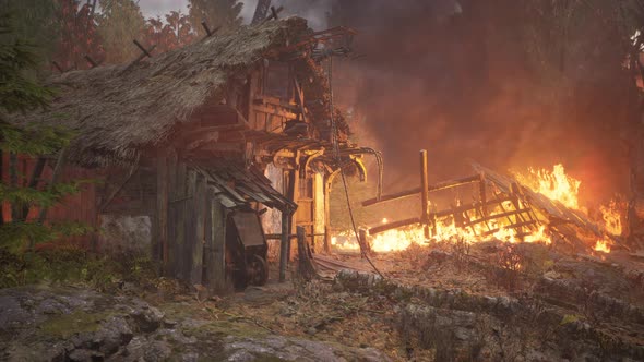 Burning Wooden House in Old Village alt