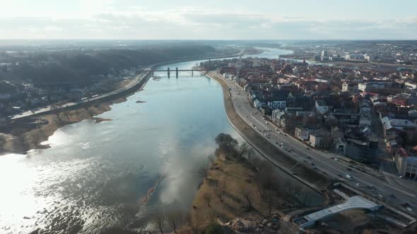 AERIAL: Nemunas River with European Capital of Culture 2022 Kaunas City Panorama