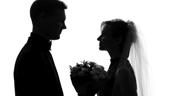 Silhouette of Just Married Couple Kissing Heartily, Love Relations Tenderness