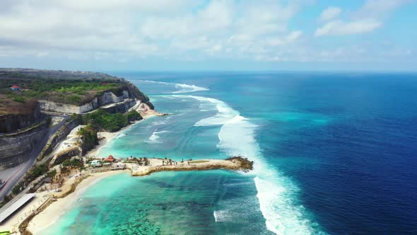 Aerial top down panorama of paradise lagoon beach journey by blue sea and white sandy background of 