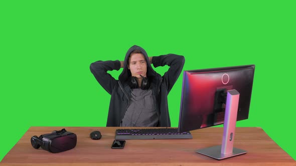 Stressed Tired Out of Work Hacker Looking at Pc Monitor on a Green Screen, Chroma Key.