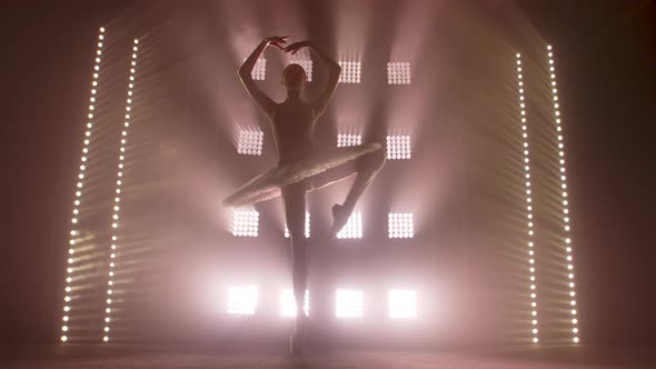 Diligent Young Graceful Ballerina Dancing Elements of Classical Ballet in the Dark with Light and