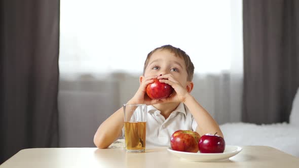 A Happy Child Bites Off a Slice of a Red Apple and Gives the Sign a Thumbs Up. The Concept