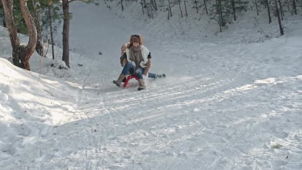 Parents Running After Son on Sled