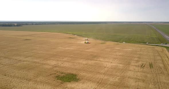 Aerial View Cars Drive Past Fields Filled with Ripe Wheat