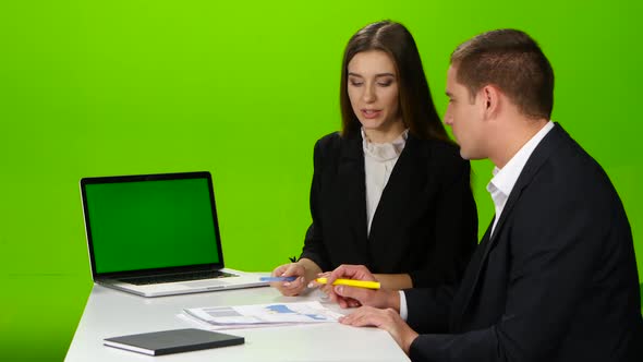 Colleagues Discussing Working Moments in the Office. Green Screen