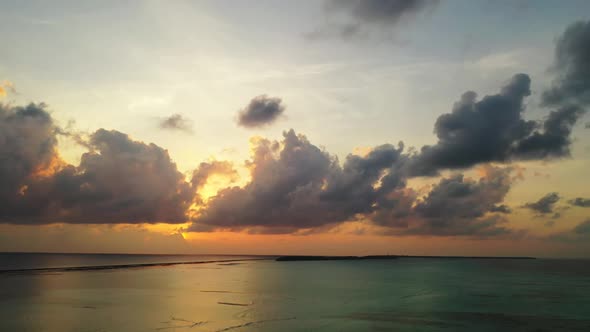 Aerial drone sky of idyllic bay beach holiday by transparent ocean with white sand background of a d