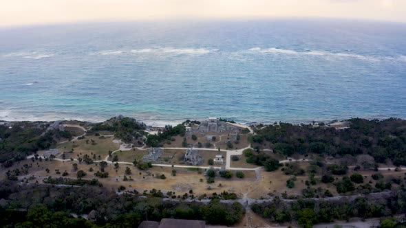 Aerial View of the Mayan Ruins of Tulum at Tropical Coast