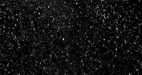 Isolated Snow Falling On The Camera Lens. Slow Motion. Black Background