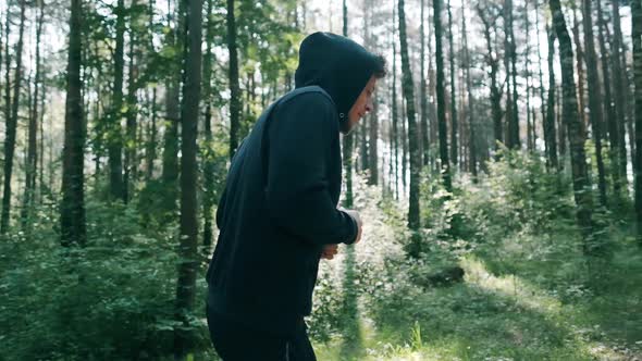 Slow Motion Shot of Man Running Through Pine Forest on Path in Woods. Runner Training Fitness and