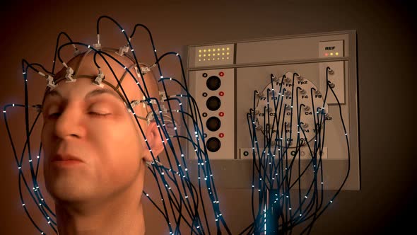 Electroencephalography machine analyzing activity of a human brain. Closeup. HD