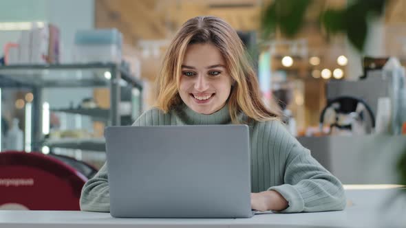 Portrait Beautiful Young Girl Student Business Woman Female User Winner Looking Into Laptop