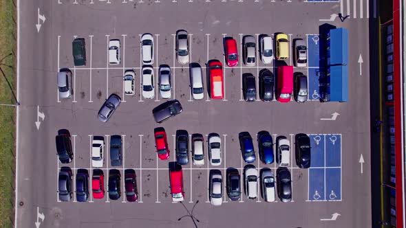 Aerial Top View From Drone of Parking Lot Cars of the Business Center