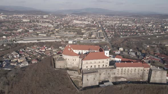 Aerial View From a Drone to Palanok Castle in Mukachevo