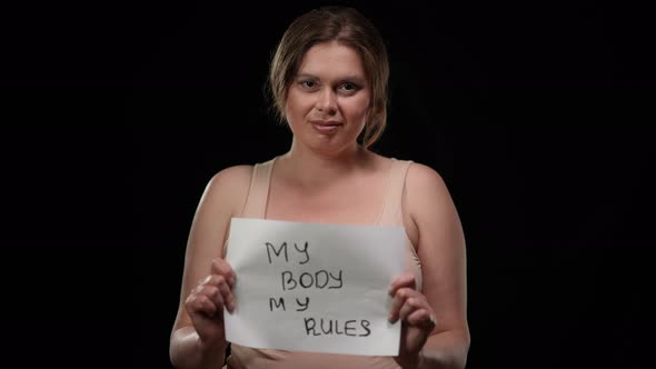 Confident Plus Size Caucasian Brunette Woman Raising My Body My Rules Poster Smiling Looking at