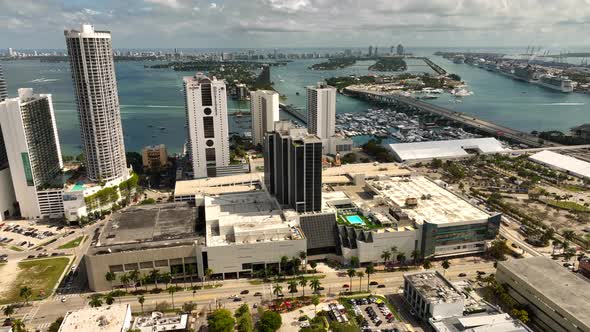 Aerial Orbit Hilton Hotel Downtown Miami With View Of Bay And Port