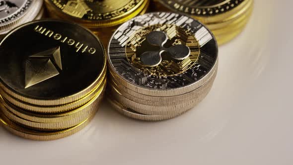 Rotating shot of Bitcoins (digital cryptocurrency) - BITCOIN MIXED 