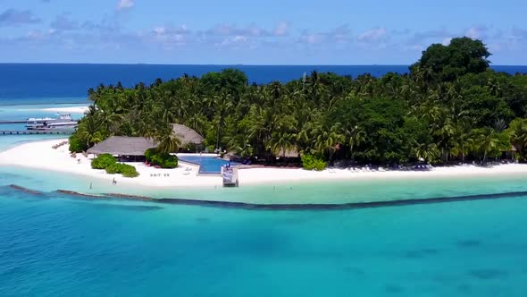 Aerial drone sky of tropical lagoon beach wildlife by water and sand background