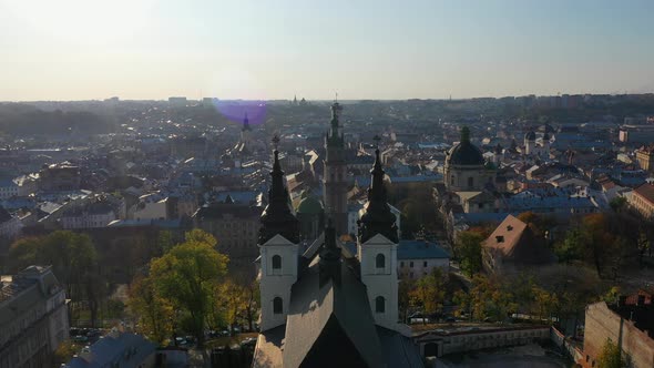 Aerial Video of Saint Mikhail Church in in Central Part of Old City of Lviv, Ukraine