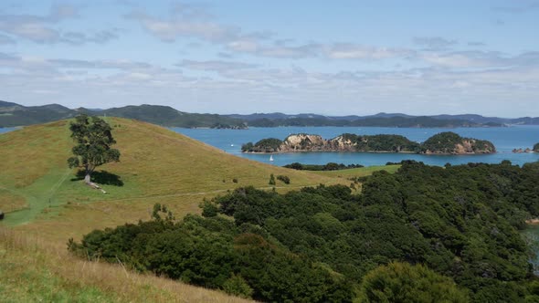 Pan from Urupukapuka Island the largest island in the Bay of Islands