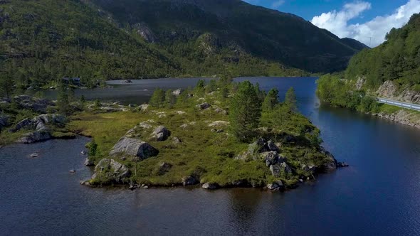 Flight Over a Forest Lake and Islands