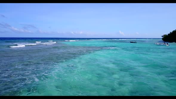 Aerial drone travel of exotic coastline beach lifestyle by blue water with bright sand background of